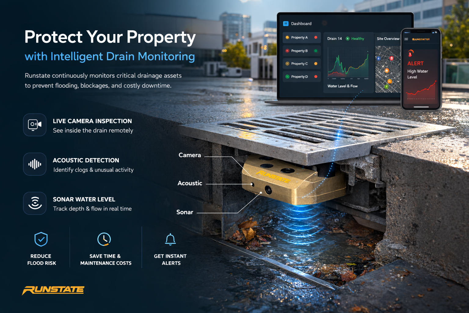 Runstate drain monitoring product overview showing protected property messaging, live dashboard previews, camera, acoustic and sonar monitoring, and alert-led drainage intelligence.